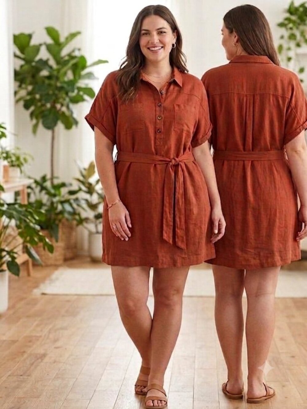 Sonoma dress women 3X shirtdress linen henley pockets burnt orange autumn